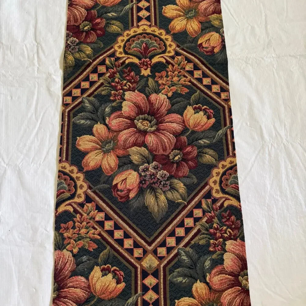 Floral Tapestry Table Runner Tassels Green Gold Burgundy 12x35